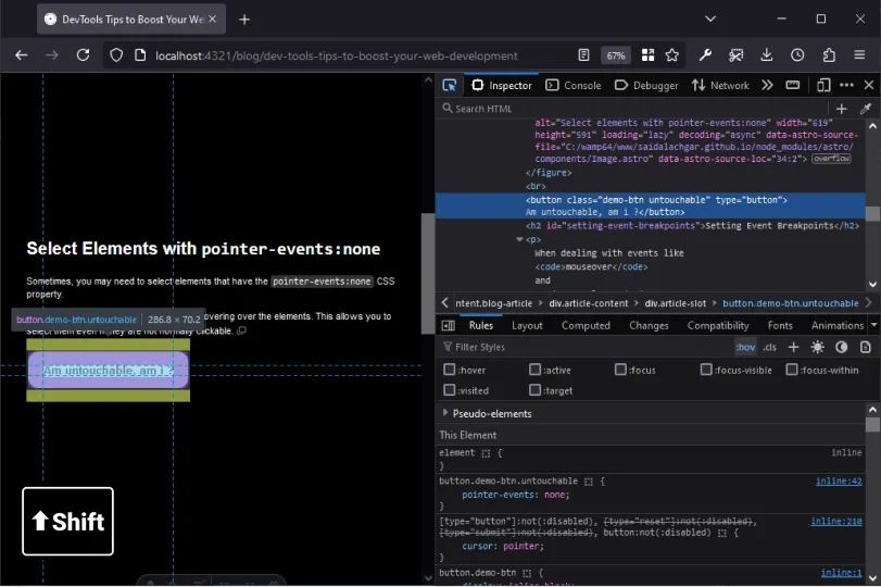 Select elements with pointer-events:none with shift